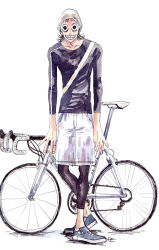 Rule 34 | 1boy, arms at sides, beanie, bicycle, black leggings, black shirt, clenched teeth, collarbone, crazy grin, ee (ekk1mukk), fingernails, full body, grin, hat, highres, hunched over, knees, leggings, leggings under shorts, male focus, marker (medium), midousuji akira, mullet, no socks, painting (medium), pale skin, raised eyebrows, road bicycle, shirt, shoes, short hair, shorts, signature, simple background, smile, sneakers, solid circle pupils, solo, standing, strap, teeth, three-quarter sleeves, traditional media, watercolor (medium), white background, white hat, white shorts, wide-eyed, yowamushi pedal