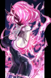 1girl black_bodysuit bodysuit breasts cropped_jacket duel_monster electricity enmo_takeshita gloves highres jacket large_breasts lightning_hair long_sleeves pink_eyes pink_hair short_hair solo spright_carrot spright_red v white_gloves yu-gi-oh!