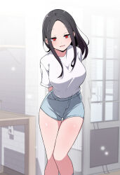 1girl arms_behind_back black_hair highres indoors korean_commentary leaning_forward long_hair parted_bangs red_eyes shirt short_shorts short_sleeves shorts solo standing the_secret_of_my_next_classmate uihyeon_chae white_shirt yoo_jae-kyung