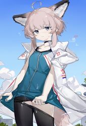 Rule 34 | 1girl, absurdres, ahoge, animal ears, arknights, black choker, black pantyhose, black skirt, blue eyes, blue sky, blue vest, breasts, choker, closed mouth, clothes pull, coat, cum, extra ears, flying sweatdrops, fox ears, fox girl, fox tail, grey hair, highres, hood, hood down, hooded coat, lab coat, material growth, meiwei de jianbing, oripathy lesion (arknights), outdoors, pantyhose, pantyhose pull, pussy, short hair, skirt, skirt tug, sky, small breasts, solo, sussurro (arknights), sweat, tail, vest, white coat