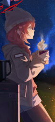 1girl absurdres animal_ear_headwear black_pantyhose blue_archive braid brown_hat brown_jacket cup cup_ramen fake_animal_ears from_side haimaotuanzi hat highres holding holding_cup jacket long_hair looking_up maki_(blue_archive) maki_(camp)_(blue_archive) night night_sky official_alternate_costume official_alternate_hairstyle pantyhose red_hair red_shirt shirt shorts sidelocks single_braid sky solo standing star_(sky) starry_sky white_shorts