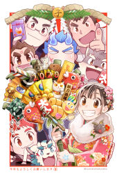 1girl 2020 6+boys arrow_(projectile) bamboo blue_hair boar border brown_eyes brown_hair cat dog_boy facial_scar fire fish floral_print floral_print_kimono folding_fan grin hand_fan hanuman_(housamo) hay_bale highres holding moritaka_(housamo) motoori_shiro multiple_boys no_nose open_mouth pen pentagram print_kimono protagonist_2_(housamo) red_hair sakimori_toji salomon_(housamo) scar scar_on_cheek scar_on_face scar_on_nose smile sumi_wo_hakuneko takabushi_kengo target thumbs_up tokyo_houkago_summoners translation_request white_border yakushimaru_ryota