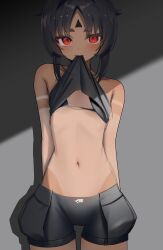 1girl absurdres arms_behind_back bare_shoulders black_bra black_hair black_shorts blush bra breasts clothes_in_mouth collarbone commentary_request cowboy_shot dark-skinned_female dark_skin gradient_background highres looking_at_viewer mouth_hold navel nekomiya_mana red_eyes shirt_in_mouth shorts slit_pupils small_breasts solo stomach tan tanline thomas_8000 underwear zenless_zone_zero