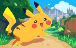 :3 animal_focus blue_sky cloud contest_winner creatures_(company) game_freak gen_1_pokemon grass in-universe_location leaf looking_at_viewer looking_back nintendo no_humans official_art open_mouth outdoors pikachu poke_ball poke_ball_(basic) pokemon pokemon_(creature) pokemon_focus pokemon_sv pokemon_tcg satoutubu second-party_source sky smile tree