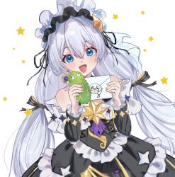 1girl :d arin_(1010_ssu) black_dress blue_eyes dress earrings food frilled_dress frills highres holding holding_food honkai_(series) honkai_impact_3rd jewelry long_hair long_sleeves looking_at_viewer mail meme nude off-shoulder_dress off_shoulder open_mouth pickle simple_background single_earring smile solo star_(symbol) teri_derp_(meme) theresa_apocalypse theresa_apocalypse_(celestial_hymn) theresa_apocalypse_(empyrean_psalms) twintails upper_body very_long_hair white_background white_hair