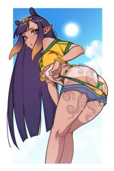 1girl ass between_buttocks bikini blue_eyes brazilian_flag brazilian_miku breasts butt_crack denim denim_shorts gradient_hair guarana_antarctica hatsune_miku headpiece highres hololive long_hair multicolored_hair ninomae_ina&#039;nis orange_hair pointy_ears purple_hair shinbun_n shorts sun swimsuit tan tentacle_tattoo underboob yellow_bikini