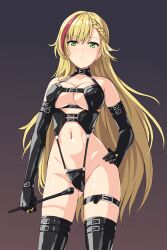 1girl absurdres aposine black_choker black_gloves blonde_hair braid choker closed_mouth collarbone commentary commission cowboy_shot dominatrix elbow_gloves english_commentary gloves halterneck hand_on_own_hip highres jewelry long_hair looking_at_viewer multicolored_hair multiple_rings nahtnaught_(shadowverse) red_hair ring shadowverse solo standing streaked_hair thigh_strap thighs two-tone_hair