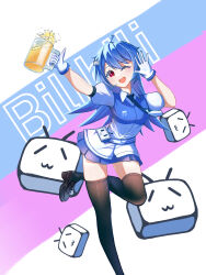 1girl ahoge alcohol beer beer_mug bili_girl_22 bilibili black_necktie black_shoes black_thighhighs blue_hair blue_skirt commentary cup gloves hair_ornament highres holding holding_cup logo long_hair looking_at_cup mug multicolored_shirt necktie one_eye_closed open_mouth red_eyes shoes skirt solo thighhighs white_gloves zagwei