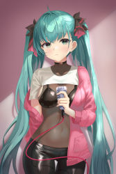 1girl aqua_hair black_bra black_pants bra closed_mouth clothing_request commentary_request cowboy_shot gradient_background green_eyes hatsune_miku highres holding holding_microphone jacket korean_commentary long_hair long_sleeves looking_at_viewer microphone mixed-language_commentary open_clothes open_jacket pants pink_background pink_jacket raurashun solo standing sweater_jacket twintails underwear very_long_hair vocaloid