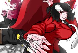 2girls angry ass black_pants breasts charge_sol colored_skin commission demon_girl formal_clothes horns multiple_girls necktie pants pink_skin red_eyes red_hair red_suit slapping smile suit surprised white_horns white_necktie