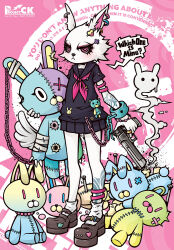 1girl alternate_weapon artist_name bracelet bullet_hole chain decora english_text engrish_text frutiger_metro furry gun highres jewelry original project.c.k. punk rabbit ranguage stitches tattoo thumb_ring usagi_(kokuchou_no_psychedelica) weapon
