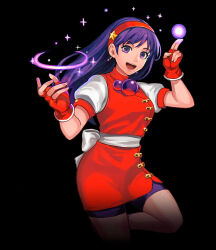 1girl asamiya_athena bike_shorts breasts dress earrings female_focus gloves hairband hand_up jewelry large_breasts leg_up long_hair looking_at_viewer magic magical_girl open_mouth purple_eyes purple_hair skirt smile smiley_face star_(symbol) the_king_of_fighters thick_thighs thighs wide_hips
