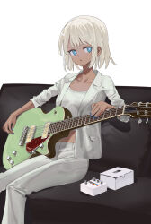 1girl :o blue_eyes blue_nails box breasts collarbone couch crop_top dark-skinned_female dark_skin effects_pedal electric_guitar feet_out_of_frame formal_clothes gretsch_5230 guitar highres instrument jacket looking_to_the_side midriff navel on_couch open_clothes open_jacket original pant_suit pants parted_lips short_hair sitting sleeves_pushed_up small_breasts solo suit tank_top white_background white_hair white_pants white_suit white_tank_top yamamura_saki