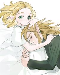 1boy 1girl blonde_hair closed_eyes closed_mouth couple dress earrings green_eyes grey_sweater hand_on_another&#039;s_head hetero highres hug jewelry light_smile link long_dress long_sleeves looking_at_viewer medium_hair nintendo opleillle parted_bangs parted_lips pointy_ears princess_zelda puffy_short_sleeves puffy_sleeves short_hair short_sleeves sidelocks sweater the_legend_of_zelda the_legend_of_zelda:_tears_of_the_kingdom upper_body white_background white_dress