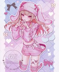 Rule 34 | 1girl, animal ears, beanie, belt, blunt bangs, blush, bow, buckle, chest harness, clothes writing, colored inner hair, cropped jacket, cropped legs, drill hair, fake animal ears, floppy ears, four-finger heart hands, frills, gradient background, hair down, harness, hat, hat bow, heart, heart-shaped buckle, heart hands, highres, jacket, leg tattoo, long hair, looking at viewer, loose belt, makaino ririmu, midriff, multicolored hair, name tag, navel, nijisanji, official alternate costume, official alternate hairstyle, pants, pink belt, pink hair, pink jacket, pink ribbon, pink shorts, pink thighhighs, plaid background, pointy ears, rabbit ears, red eyes, ribbon, short shorts, shorts, sidelocks, sleeves past wrists, smile, streaked hair, stuffed animal, stuffed toy, tattoo, thighhighs, tk57 gnsn, track jacket, track pants, twitter username, virtual youtuber, watermark, white belt, white wings, winged heart tattoo, wings