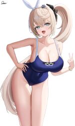 1girl :d absurdres bent_over blonde_hair blue_eyes blue_one-piece_swimsuit breasts covered_navel fang girls&#039;_frontline girls&#039;_frontline_2:_exilium green_hair hair_between_eyes hair_ribbon hairband hand_on_own_hip hand_up highres hip_focus large_breasts long_hair multicolored_hair one-piece_swimsuit open_mouth ribbon sharkry_(girls&#039;_frontline_2) sharkry_(swimsuit_idol)_(girls&#039;_frontline_2) side_ponytail skin_tight smile solo standing star-shaped_pupils star_(symbol) streaked_hair swimsuit symbol-shaped_pupils thigh_gap thighs twootax v very_long_hair white_hairband white_ribbon