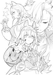 1girl animal_ear_fluff animal_ears arknights asymmetrical_bangs commentary_request cup ddal drinking_glass earrings fingernails flower_earrings greyscale highres holding holding_cup jewelry mole mole_above_eye monochrome multiple_views penance_(arknights) penance_(occasionally_flushed)_(arknights) ring sharp_fingernails sketch star_(symbol) wolf_ears wolf_girl