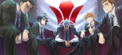 5boys adjusting_clothes adjusting_necktie akihiro_altland black_hair black_neckwear blonde_hair brown_hair dark_skin eugene_sevenstark formal_clothes gundam gundam_tekketsu_no_orphans leaning_forward looking_at_viewer mikazuki_augus multiple_boys necktie norba_shino orga_itsuka sitting suit takeda_yuuko white_hair