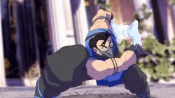 1boy 1girl animated animated_gif animatorbruce ass bare_shoulders black_hair breasts crossover energy energy_beam ice ice_beam isabella_valentine large_breasts leotard mask mortal_kombat_(series) muscular muscular_male revealing_clothes short_hair sleeveless soul_calibur sub-zero sword thong_leotard transformation transforming_weapon weapon whip_sword white_hair