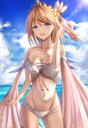 Rule 34 | 1girl, bare shoulders, beach, bikini, blonde hair, blue eyes, blue sky, breasts, cloud, cloudy sky, collarbone, cowboy shot, europa (granblue fantasy), europa (summer) (granblue fantasy), granblue fantasy, highres, kanpyou (hghgkenfany), looking at viewer, medium breasts, medium hair, navel, ocean, open mouth, sky, solo, sunlight, swimsuit, tiara, white bikini