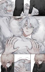 Rule 34 | 2boys, absurdres, antenna hair, black shirt, blonde hair, blue eyes, braid, gradient hair, hair between eyes, hashtag-only commentary, highres, holding, holding phone, honkai: star rail, honkai (series), large pectorals, long sleeves, lying, male focus, multicolored hair, multiple boys, mydei (honkai: star rail), on back, parted lips, pectoral grab, pectorals, phainon (honkai: star rail), phone, red hair, shirt, short hair, side braid, sun symbol, sun tattoo, sunset 1830, tan, turtleneck, white hair, white shirt, yaoi, yellow eyes