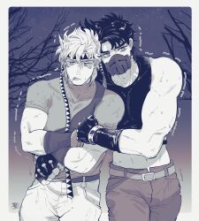 2boys bare_tree battle_tendency caesar_anthonio_zeppeli cigarette cold crop_top eringichips facial_mark fingerless_gloves gloves headband highres jojo_no_kimyou_na_bouken joseph_joestar joseph_joestar_(young) locked_arms male_focus mask midriff monochrome multiple_boys muscular muscular_male tree trembling wet