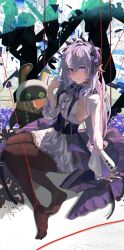 1girl absurdres ahoge ascot bigchaping black_nails bow bowtie breasts brown_pantyhose buttons center_frills closed_mouth fingernails flower frilled_skirt frilled_sleeves frills full_body gem hair_between_eyes hair_bow hand_up heterochromia highres long_hair nail_polish no_shoes pantyhose people pointy_ears purple_ascot purple_bow purple_bowtie purple_eyes purple_flower purple_gemstone purple_hair red_eyes shrug_(clothing) side_ahoge sideboob sideboob_cutout sidelocks silhouette single_sleeve_past_wrist sitting skirt small_breasts solo string string_of_fate sweatdrop vivian_banshee white_shrug white_skirt zenless_zone_zero