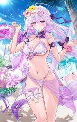 1girl absurdres bag beach bikini blue_sky breasts castorice_(honkai:_star_rail) commentary_request food food_in_mouth highres holding holding_bag honkai:_star_rail honkai_(series) large_breasts long_hair minausa navel ocean outdoors palm_tree pink_innertube popsicle popsicle_in_mouth purple_eyes purple_hair sky solo stomach sweat swimsuit thigh_strap tree very_long_hair white_bikini