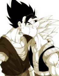 2boys abs black_vest blush closed_eyes cropped_vest dougi dragon_ball dragon_ball_super dragon_ball_super_broly earrings gloves gogeta greyscale highres jewelry kiss looking_at_another male_focus medium_hair metamoran_vest monochrome multiple_boys muscular muscular_male no_shirt open_clothes open_vest pectoral_cleavage pectorals potara_earrings sash shirt shirtless_male short_sleeves simple_background sleeveless spiked_hair super_saiyan surprise_kiss surprised sweatdrop trait_connection undershirt upper_body vegetto vest white_background wide-eyed