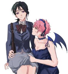 2girls alien_stage arm_around_waist bag black_choker black_dress black_hair black_headdress black_wings blazer blood blood_on_face blue_jacket choker collared_shirt commentary demon_wings dress english_commentary green_eyes grey_skirt highres jacket low_ponytail mizi_(alien_stage) multiple_girls official_alternate_costume pink_hair ponytail purple_eyes school_uniform shirt short_hair shoulder_bag sitting skirt sleeveless sleeveless_dress sua_(alien_stage) the_quipper very_short_hair white_shirt wings