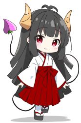 1girl alternate_costume alternate_eye_color alternate_hair_color antenna_hair black_hair black_sandals blush brown_horns closed_mouth commentary_request demon_girl demon_tail full_body hakama hakama_skirt highres horns japanese_clothes kimono kotatsu-mazoku lilith_(homunculus)_(machikado_mazoku) lilith_(machikado_mazoku) long_hair long_sleeves looking_at_viewer machikado_mazoku okobo platform_sandals red_eyes red_hakama sandals simple_background skirt smile socks standing tabi tail very_long_hair white_background white_kimono white_socks wide_sleeves