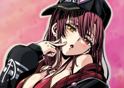 1girl bikini black_hat black_jacket breasts cleavage earrings eyewear_on_head gold_earrings gold_necklace hat heart heart-shaped_eyewear heart_earrings heart_necklace highres hololive houshou_marine houshou_marine_(summer) jacket jewelry jin_no_himitu large_breasts long_hair looking_at_viewer necklace official_alternate_costume open_mouth red_bikini red_eyes red_hair solo sunglasses swimsuit twilight virtual_youtuber yellow_eyes