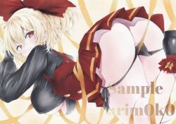 1girl arim0k0 artist_name ass black_panties black_shirt black_shoes blonde_hair blush bow breasts brown_bow brown_dress brown_eyes cleavage closed_mouth commentary dress hair_bow highres kurodani_yamame large_breasts legs long_sleeves looking_at_viewer marker_(medium) panties sample_watermark shirt shoes short_hair smile solo touhou traditional_media underwear watermark yellow_background