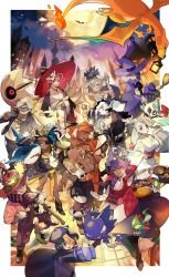 4girls 6+boys absurdres alcremie allister_(pokemon) aqua_eyes aqua_hair arm_up barefoot bea_(pokemon) black_hair boots border broom brown_footwear building cape charizard clenched_hand collarbone commentary_request cosplay crossed_arms dark-skinned_female dark-skinned_male dark_skin dreepy eyepatch fire flame-tipped_tail froslass gen_1_pokemon gen_3_pokemon gen_4_pokemon gen_6_pokemon gen_7_pokemon gen_8_pokemon gloves gordie_(pokemon) green_footwear grey_hair gym_leader hair_bun hair_ornament halloween hand_wraps hat haunter highres jacket japanese_clothes kabu_(pokemon) knees legendary_pokemon legs_apart leon_(pokemon) long_sleeves looking_back looking_to_the_side looking_up lunatone marshadow melony_(pokemon) mightyena milo_(pokemon) mismagius mismagius_(cosplay) moon multicolored_hair multiple_boys multiple_girls mythical_pokemon natsuko_(summer_525528) nessa_(pokemon) ninetales nintendo opal_(pokemon) orange_headwear outdoors outside_border outstretched_hand pants piers_(pokemon) pirate_costume pokemon pokemon_swsh pumpkaboo purple_hair raihan_(pokemon) sandaconda sharpedo single_hair_bun smile standing tail teeth toes tongue tongue_out two-tone_hair umbrella white_border white_gloves white_hair wide_sleeves yellow_eyes