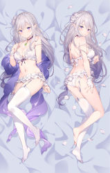 Rule 34 | 1girl, ass, back, bad id, bad pixiv id, bare shoulders, bed sheet, black choker, bra, breasts, choker, cleavage, dakimakura (medium), elf, emilia (re:zero), frilled bra, frilled panties, frills, full body, garter straps, grey hair, hair bun, highres, large breasts, lingerie, long hair, looking at viewer, lying, multiple views, no shoes, off shoulder, on back, on bed, on side, panties, petals, pointy ears, purple eyes, re:zero kara hajimeru isekai seikatsu, rie (reverie), shawl, sidelocks, single hair bun, smile, strap slip, thighhighs, thighs, underwear, very long hair, white bra, white panties, white thighhighs