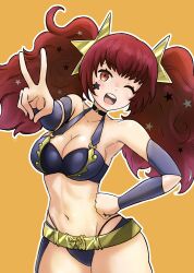 1girl absurdres alternate_costume alternate_hairstyle bikini_day breasts cianter cleavage facial_mark fire_emblem fire_emblem_engage hair_ornament hashtag-only_commentary highres large_breasts long_hair looking_at_viewer nintendo open_mouth red_eyes red_hair smile solo star_(symbol) star_facial_mark star_hair_ornament twintails yunaka_(fire_emblem)