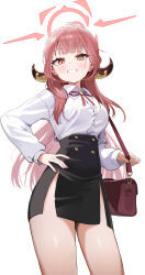 1girl absurdres aru_(blue_archive) blue_archive highres loloco long_hair long_sleeves looking_at_viewer pencil_skirt red_hair shirt simple_background skirt smile solo white_shirt yellow_eyes