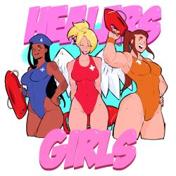 3girls absurdres alternate_costume ana_(overwatch) angel_wings aqua_background asymmetrical_hair beret biceps black_hair black_lips black_nails blonde_hair blue_hat blue_one-piece_swimsuit breasts brigitte_(overwatch) brown_eyes brown_hair captain_amari collarbone cowboy_shot cross dark_skin deltoids english_text facial_mark feathered_wings greek_cross green_eyes hair_ornament hair_pulled_back hairclip hat highleg highleg_one-piece_swimsuit highres holding large_breasts lifeguard long_hair looking_at_viewer medium_breasts mercy_(overwatch) multiple_girls muscular muscular_female one-piece_swimsuit orange_one-piece_swimsuit overwatch panda_rojo_art ponytail red_one-piece_swimsuit rescue_board sidelocks simple_background single_sidelock smile swimsuit torpedo_buoy wings yellow_eyes