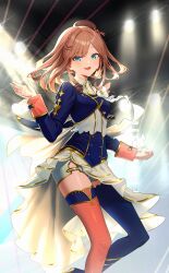 1girl absurdres alternate_costume aqua_eyes asymmetrical_legwear beret black_hat blue_dress blue_gemstone blue_thighhighs bow braid breasts brown_bow brown_hair design_speculation dress gem hair_ornament hairclip hat highres long_sleeves looking_at_viewer medium_hair microphone nijisanji nijisanji_idol_uniform open_mouth orange_thighhighs orange_wrist_cuffs pink_bow smile stage stage_lights striped_bow suzuhara_lulu thighhighs thighs virtual_youtuber white_dress wrist_cuffs zyaki