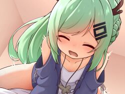 1girl absurdres an_shan_(azur_lane) an_shan_(setting_sun_hearts_as_one)_(azur_lane) azur_lane bare_shoulders blue_jacket blush braid brown_horns closed_eyes clothing_cutout collarbone commentary_request dragon_horns facing_viewer flat_chest furrowed_brow green_hair half_up_braid highres horns jacket jewelry leaning_forward long_hair long_sleeves necklace official_alternate_costume open_clothes open_jacket open_mouth ponytail shirt shoboimu shoulder_cutout solo swept_bangs trembling variant_set white_shirt