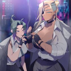 2girls ahoge belt blonde_hair blue_eyes braid breasts cigarette cleavage collar earrings eyepatch gloves gram_quartz green_eyes hair_intakes highres jacket jewelry large_breasts long_hair looking_at_viewer multicolored_hair multiple_girls necktie original pants purple_eyes purple_hair rain scar scar_on_face shirt size_difference smoking two-tone_hair