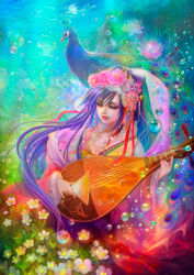 1girl air_bubble bird biwa_lute blue_eyes bubble commentary_request crystal fantasy female_focus flower fukami_kazuha gem hagoromo hair_flower hair_ornament half-closed_eyes highres instrument light_smile long_hair long_sleeves looking_away lotus lute_(instrument) music mythology original peacock pearl_(gemstone) peony_(flower) playing_instrument purple_hair realistic red_lips sarasvati shawl solo underwater very_long_hair wide_sleeves