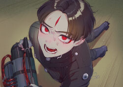 1boy black_boots black_hair black_jacket black_pants boots commentary_request drooling eyeliner facial_mark forehead_mark gakuran gatling_gun gun highres holding holding_gun holding_weapon jacket katahaba_(wawawa_wa_haha) last_defense_academy_school_uniform looking_at_viewer makeup male_focus maruko_gaku minigun open_mouth pants parted_bangs platform_boots red_eyeliner red_eyes ringed_eyes school_uniform short_hair solo sweat tearing_up the_hundred_line_-last_defense_academy- weapon