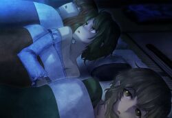 1boy 2girls amane_suzuha amane_suzuha_(beta) bed black_hair blanket bob_cut brown_hair closed_eyes collar dim_lighting frilled_collar frilled_sleeves frills from_side futon game_cg green_shirt hair_down highres huke long_hair looking_back lying messy_hair multiple_girls night nightmare non-web_source off-shoulder_pajamas off-shoulder_shirt off_shoulder official_art on_back on_side open_mouth pillow pink_eyes red_hair ringed_eyes shiina_kagari shirt sleeping steins;gate steins;gate_0 tatami trap under_covers urushibara_ruka yellow_eyes