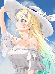 1girl absurdres aizawa_ema alternate_costume bad_arm bare_shoulders blonde_hair blue_eyes blue_sky bra_strap breasts cleavage dress earrings flower_hairpin frilled_dress frills gradient_hair hat highres jewelry long_hair looking_afar mea_mememea multicolored_hair off-shoulder_dress off_shoulder sky solo strap_slip sun_hat sundress virtual_youtuber vspo! white_dress white_hat