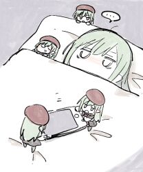Rule 34 | bang dream!, bang dream! it&#039;s mygo!!!!!, bed, cellphone, chibi, green hair, hat, long hair, mortis (bang dream!), mortis (costume) (bang dream!), o o, phone, pillow, red hat, sasa kichi, smartphone, wakaba mutsumi