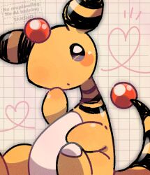 :o ampharos artist_name blush blush_stickers commentary_request gen_2_pokemon grid_background heart nintendo no_humans pokemon pokemon_(creature) pokemon_focus sitting solo tansho