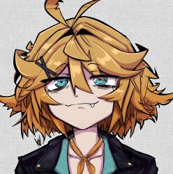 Rule 34 | 1girl, antenna hair, bandana, bandana around neck, blonde hair, blue eyes, closed mouth, commentary, dokibird (vtuber), dokibird (vtuber) (retro doki), english commentary, fang, grey background, hair between eyes, hair intakes, highres, indie virtual youtuber, looking at viewer, meme, official alternate costume, portrait, rejection reaction (meme), short hair, simple background, smile, solo, straight-on, th3k1d, virtual youtuber