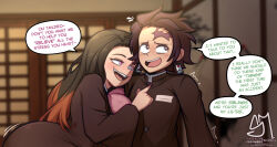 1boy 1girl artist_name ass black_hair blurry blurry_background breasts brother_and_sister english_text fanbox_username fingernails flirting hetero highres huge_ass incest indoors interior kamado_nezuko kamado_tanjirou kimetsu_no_yaiba large_breasts multicolored_hair naughty_face open_mouth patreon_username pink_eyes seductive_smile semi_draws siblings smile speech_bubble teeth two-tone_hair upper_teeth_only watermark web_address