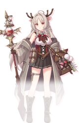 1girl animal_ears bag belt black_skirt blush boots braid braided_sidelocks breasts brown_belt brown_boots brown_gloves coat collared_shirt corset drop_shadow frown full_body furrowed_brow gloves grey_hair half_gloves holding holding_staff lace-up_boots long_hair long_sidelocks looking_at_viewer louise_marie off_shoulder official_art open_clothes open_coat pleated_skirt pom_pom_(clothes) princess_connect! raised_eyebrows red_corset red_eyes ribbed_shirt shirt sidelocks simple_background skirt sleeveless sleeveless_shirt solo staff thigh_strap transparent_background v-shaped_eyebrows white_shirt wing_collar
